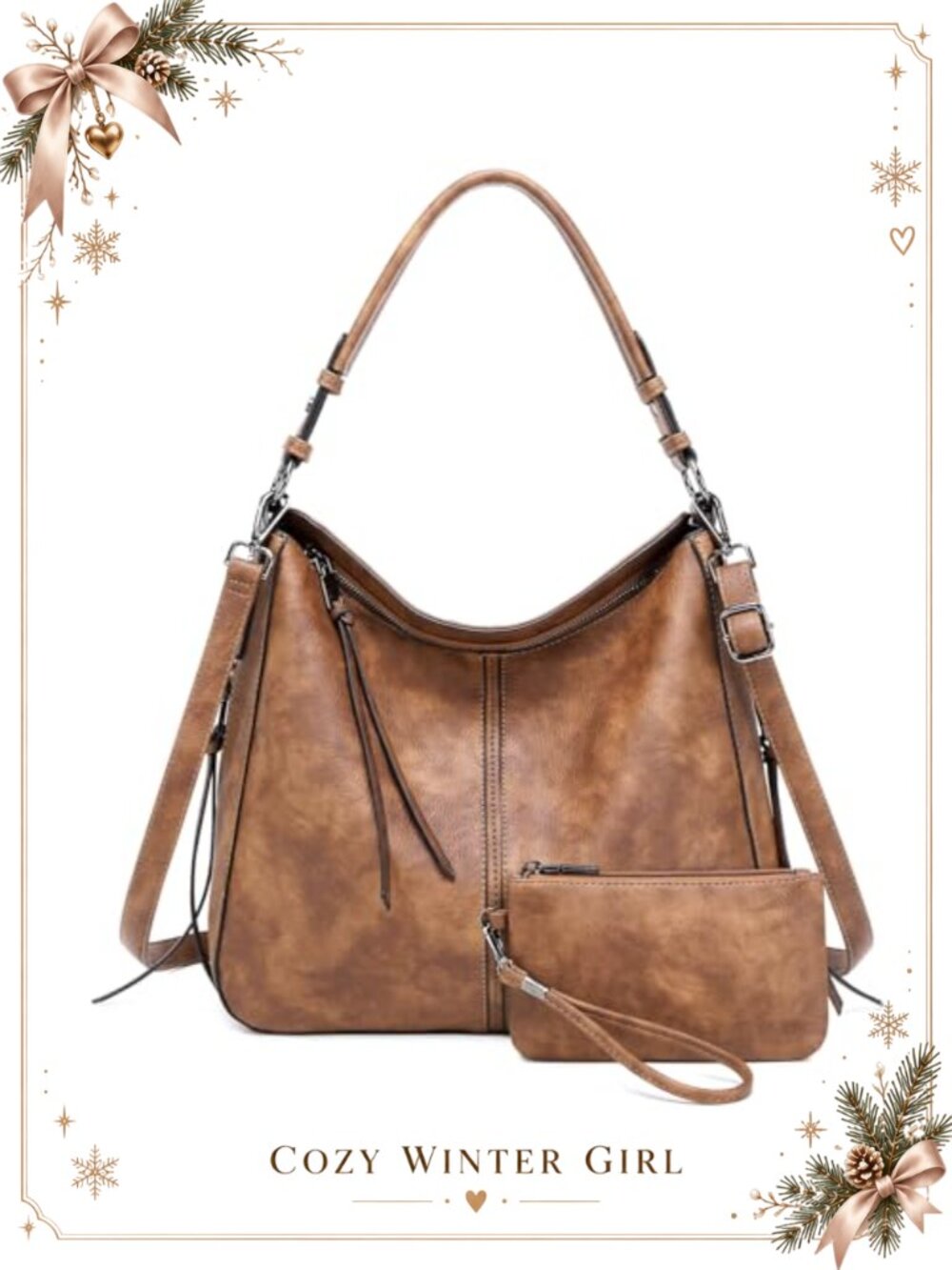 2PCS Hobo Bags for Women PU Leather Shoulder Crossbody Tote Satchel